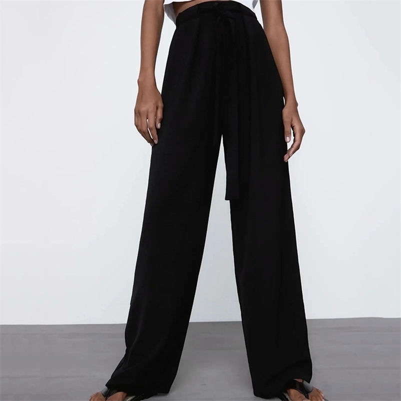 

Spring Summer Women long trousers Lace-up elastic waist Female high quality chiffon pants 210524, Black