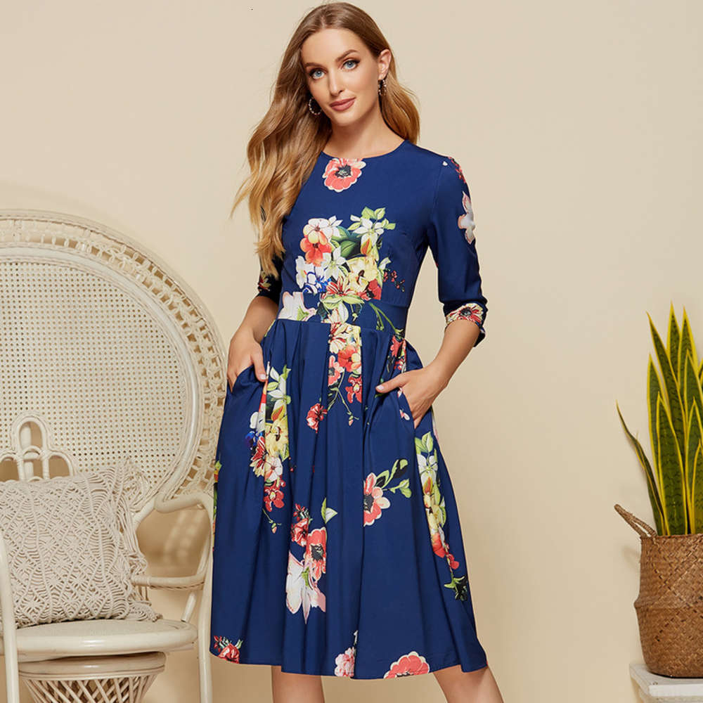 

Casual Dresses Aw women' print elegant pocket pleated slim drs, Navy blue