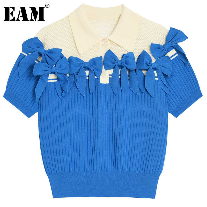 

[EAM] Bow Contrast Color Knitting Sweater Loose Fit Lapel Short Sleeve Women Pullovers New Fashion Spring Autumn 1DE0612 Q0828, White;black