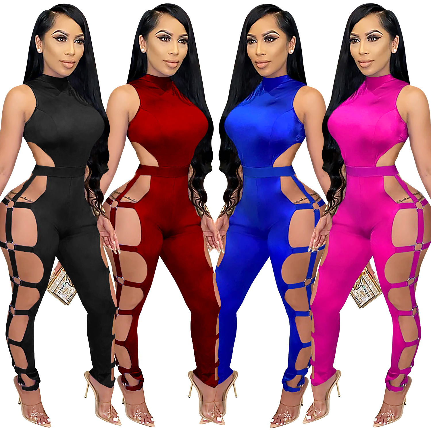

Cutubly Sexy Hollow Out Jumpsuit Solid Jumpsuits for Women Sleeveless Turtleneck Playsuit for Women Sexy Club Long Rompers, Black