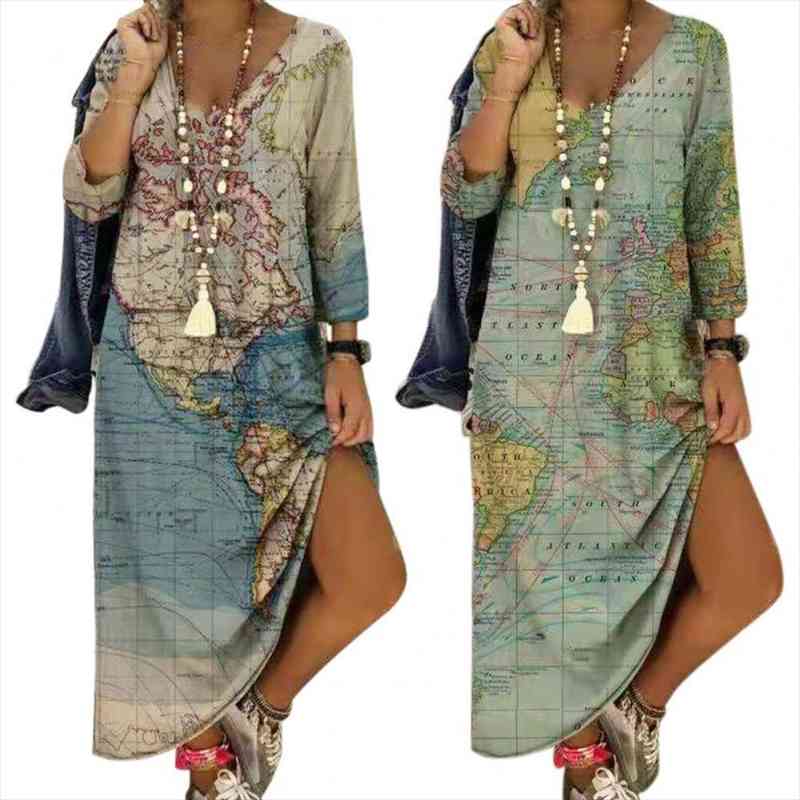 

world earth print womens dress v neck long style casual wedding, Black;gray