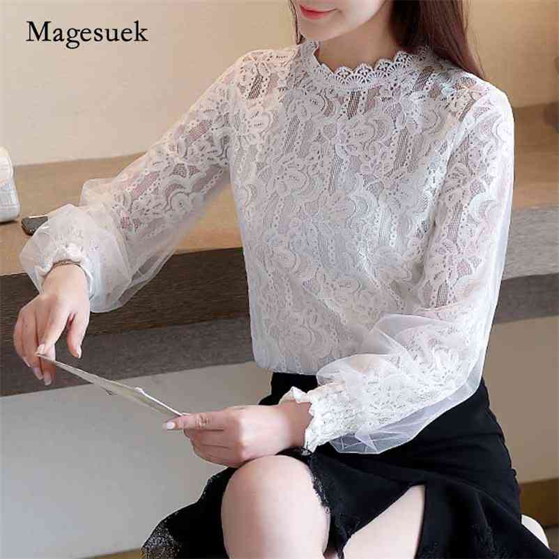 

Vintage Autumn Women Casual Office Lady White Shirt Elegant Lace Blouse Puff Sleeve Blouses Top Mujer 11196 210518, Apricot