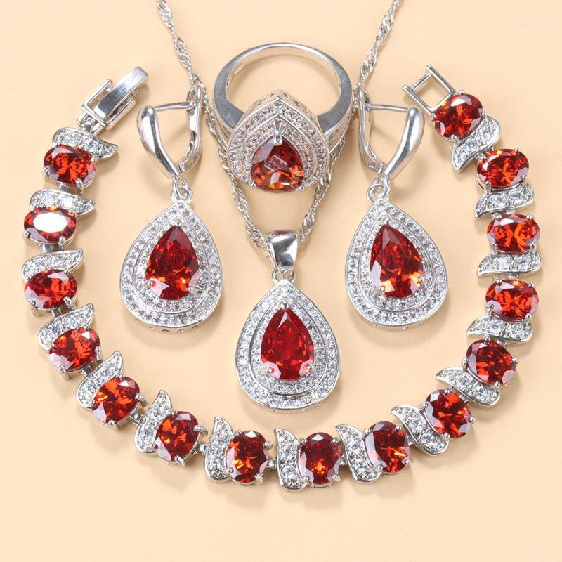 Earrings & Necklace + Red Garnet Bridal Jewelry Sets Water Drop Shape Pendant Bracelet Ring For Women Wedding Costume-image-745070731