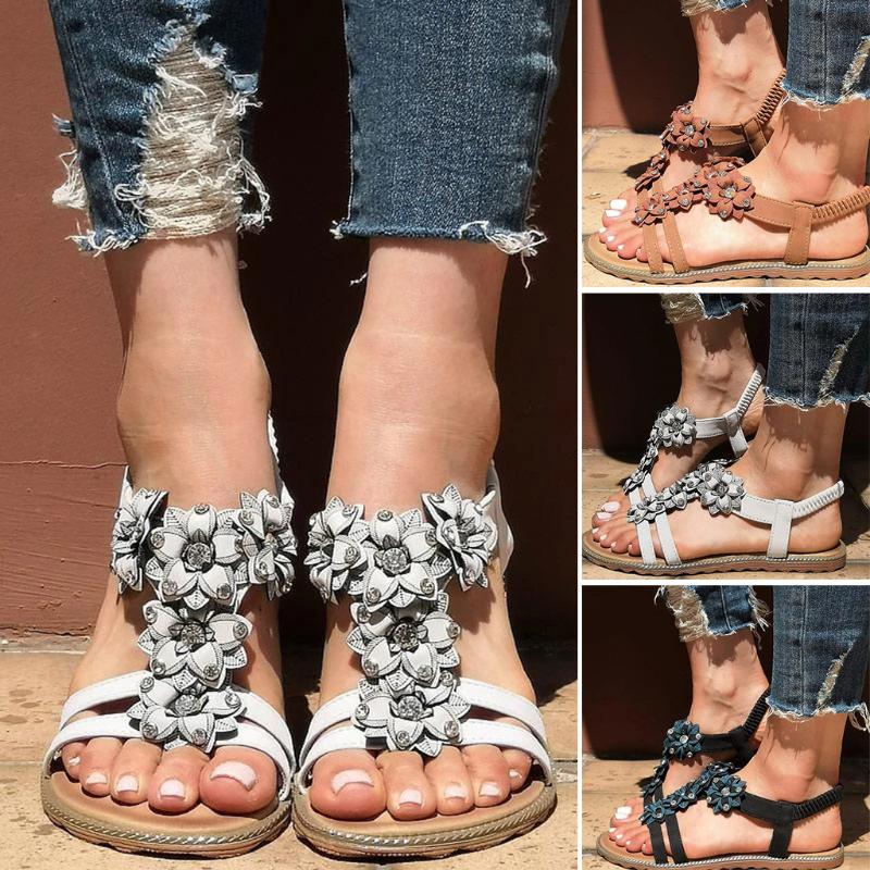 

Women's Sandals Ladies Crystal Floral Open Toe Bohemian Fashion Female Casual Beach Low Heels Shoes Plus Size M140#, Bw