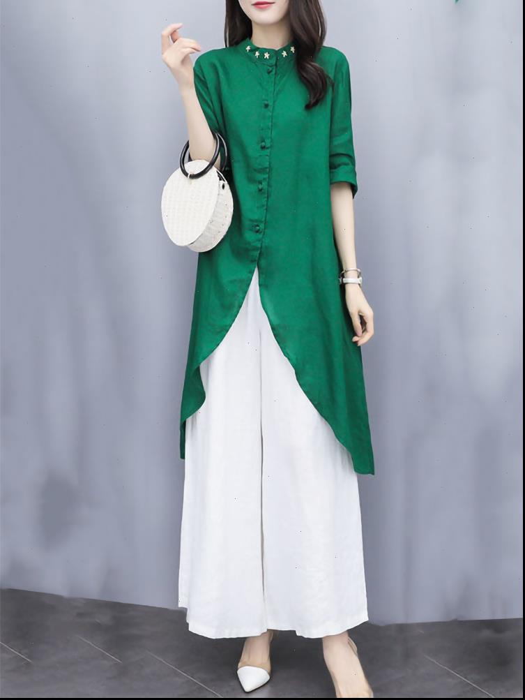 

simple elegant women two tracksuits piece set and pants art embroidery plus size stand collar loose long shirt wide, Gray