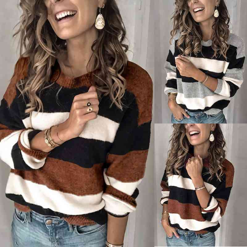 

Oversized Color-block Ladies Sweater Women Autumn Winter Tops Knitted Pullovers Knitwear Loose Striped Sweaters Female 210603, Khaki