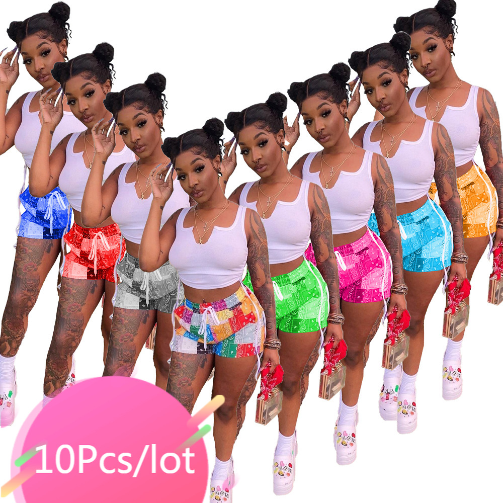 

Wholesale Bulk Items Lots Summer Women Solid Crop Top Fasion Bandana Print Short Set Skinny Elastic Streetwear, Mix color
