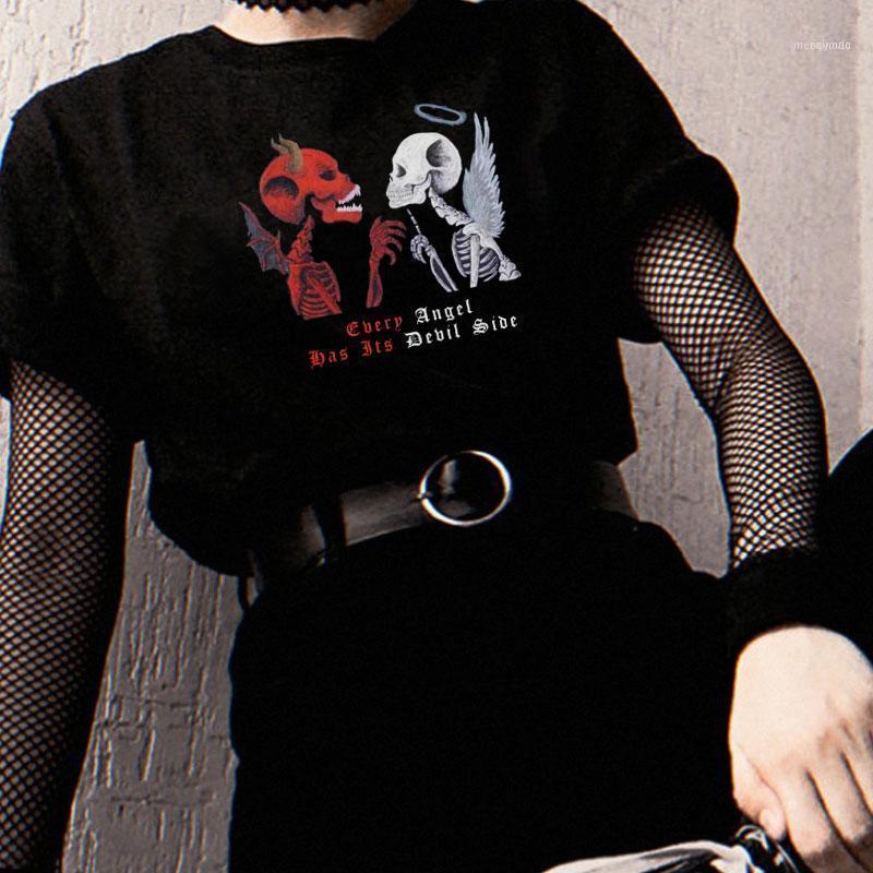 

Women's T-Shirt VIP HJN Angel Devil Gothic Skeleton Print Grunge Aesthetic Goth T Shirt Dark Edgy Fashion Streetwear Graphic Te, Black-angel devil