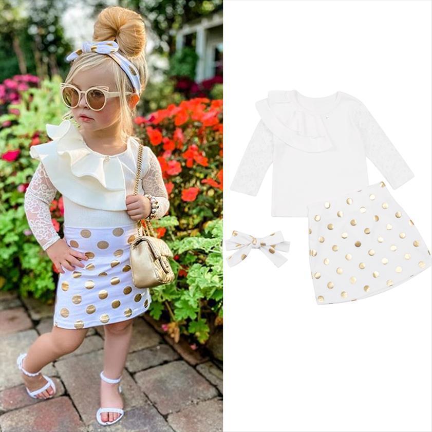 

summer fashion kids girls clothes sets ruffles long sleeve pullover polka dot skirts headband, White