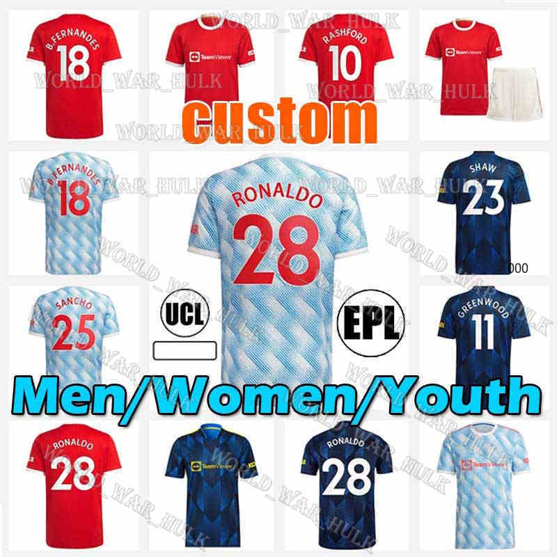 

21 22 RONALDO SANCHO SHAW Manchester soccer jerseys UNITED Fans Player version Man BRUNO FERNANDES VARANE MARTIAL UTD RASHFORD football shirt 2022 men + kids kit set, 21-22 men jersey(manlian)+patch