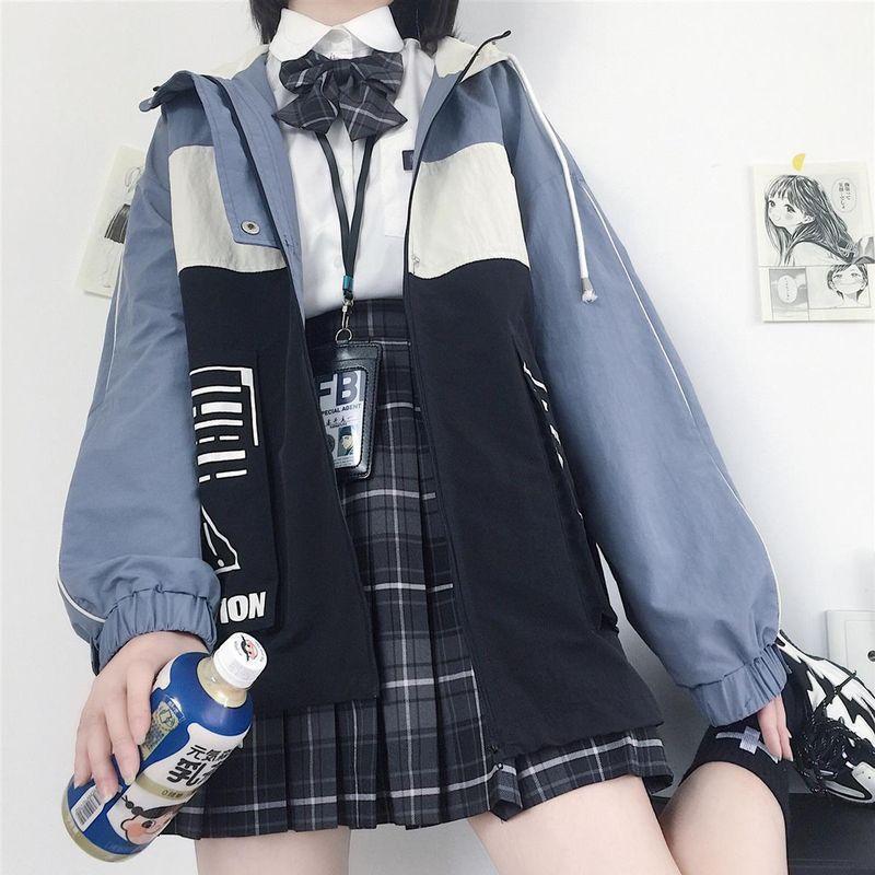 

Women's Jackets Korean Color Matching Sunscreen Jacket Women Students Summer Hong Kong Style Japan Loose Versatile Hooded Kawaii Punk Coats, Blue