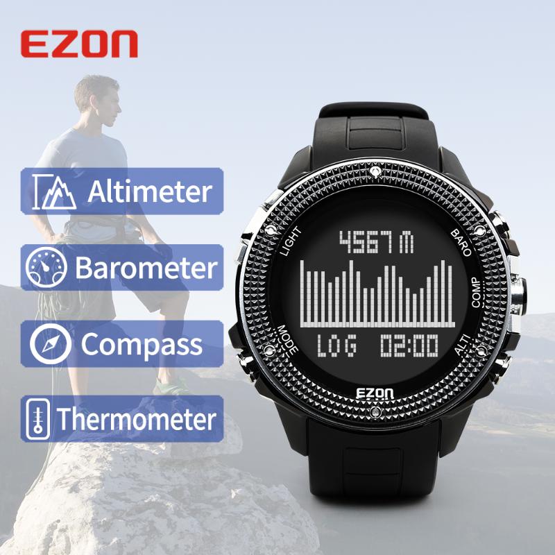 

Wristwatches EZON H501 Men's Outdoor Multifunctional Hiking Climbing Altimeter Compass Barometer Big Digital Waterproof Sport Watches, Black