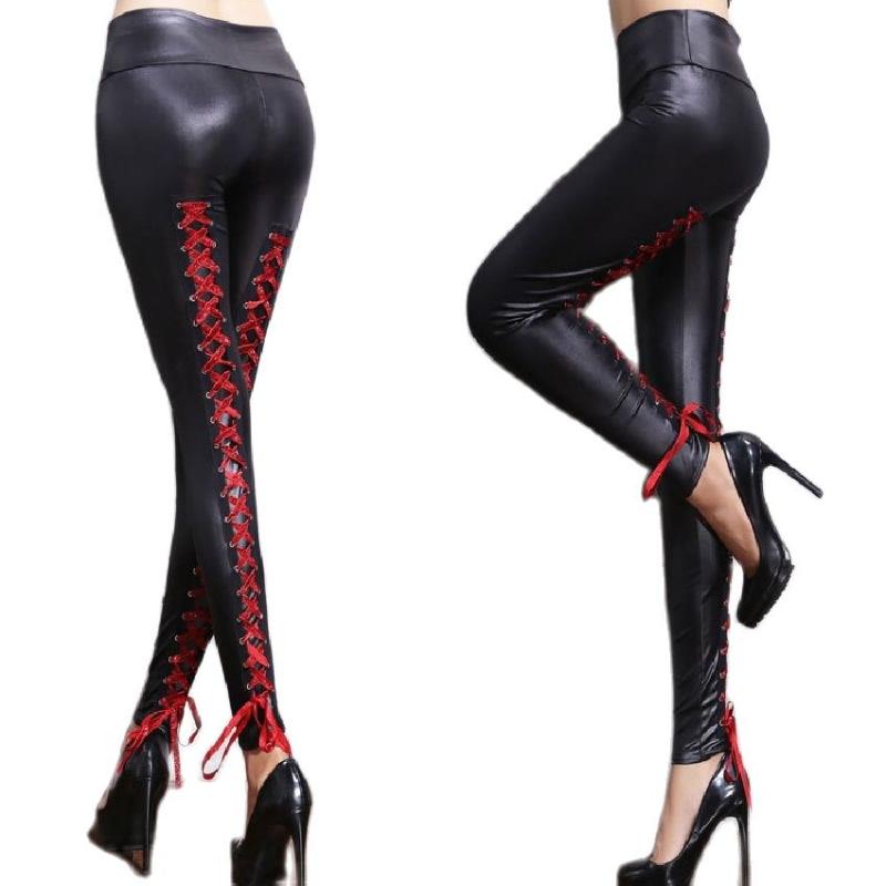

Women' Pants & Capris PU Leather Tie Rope Bottoms Matte Imitation Leatherette Legging High-Waisted Pencil Trouser Leg Bundling Belt Panty G, Black