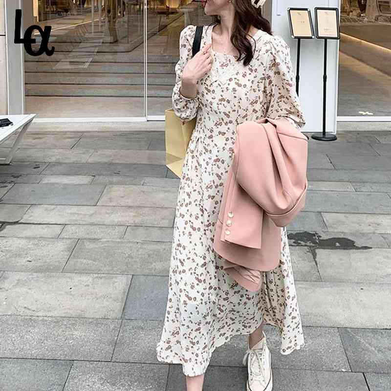 

French Vintage Dress Women Long Sleeve Casual Floral Female Square Collar Print Summer Beach Office Lady 210519, Apricot
