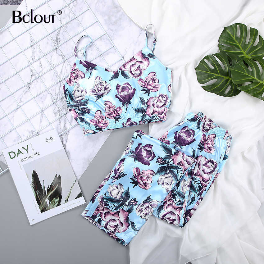 

Bclout Spring Purple Rose Two Piece Set Women Sexy Top And Pants Pajamas Pattern Print Satin V-Neck Sleeveless Pyjamas Sleepwear 210709, Rose print
