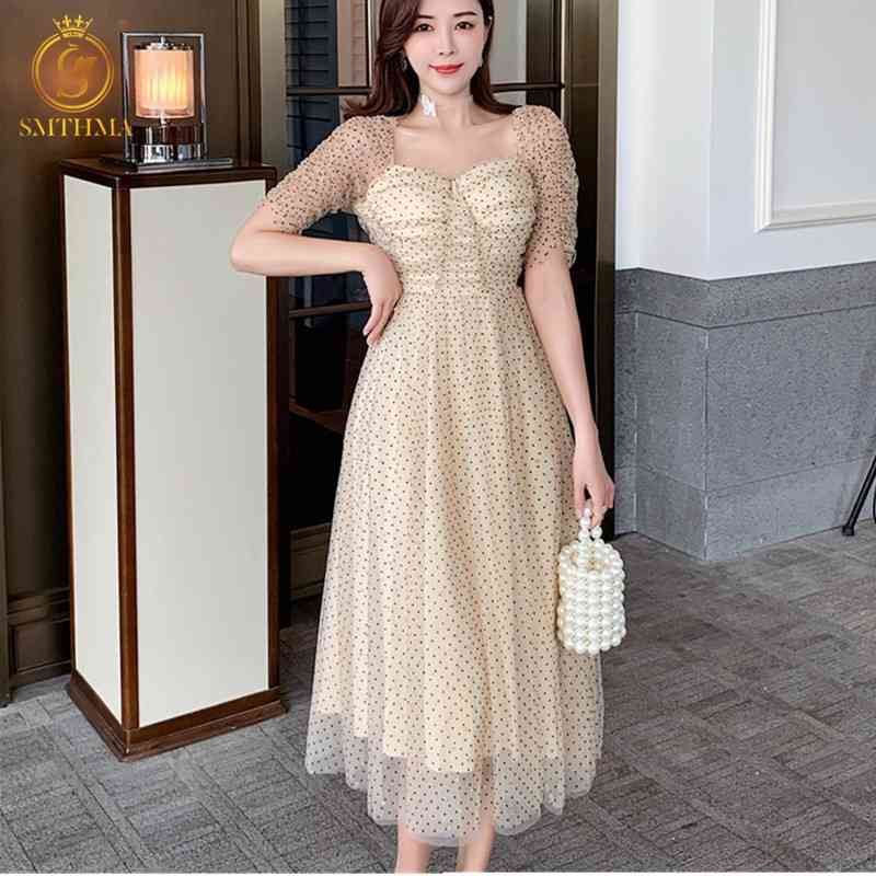 

Fashion Runway Short Sleeve Summer Dresses Women's Temperament Slim Waist Mesh Flocking Long Dress Vestidos 210520, Photo color