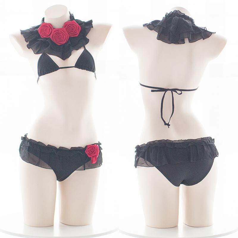 

Sexy Costumes Womens Gothic Rose Choffon Collar Mini Bikini Set Two Piece Black Swimsuit Lingerie And Panties Styles Cosplay