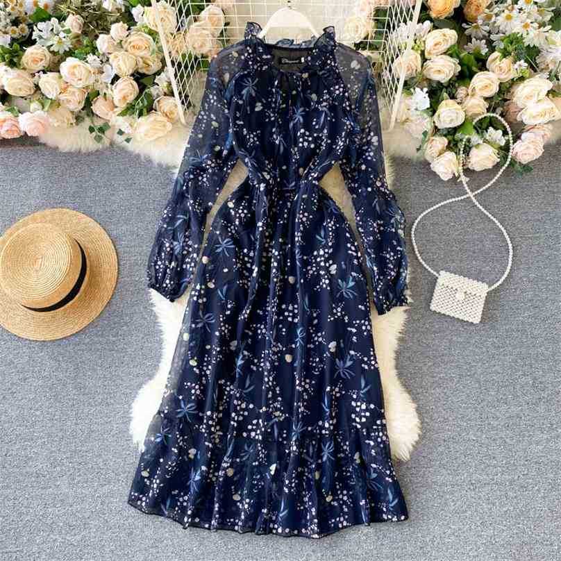 

Women Vintage Floral Print Dress Spring Autumn Long Sleeve Ruffles Chiffon es Ladies Elegant Korean Vestidos 210525, Blue