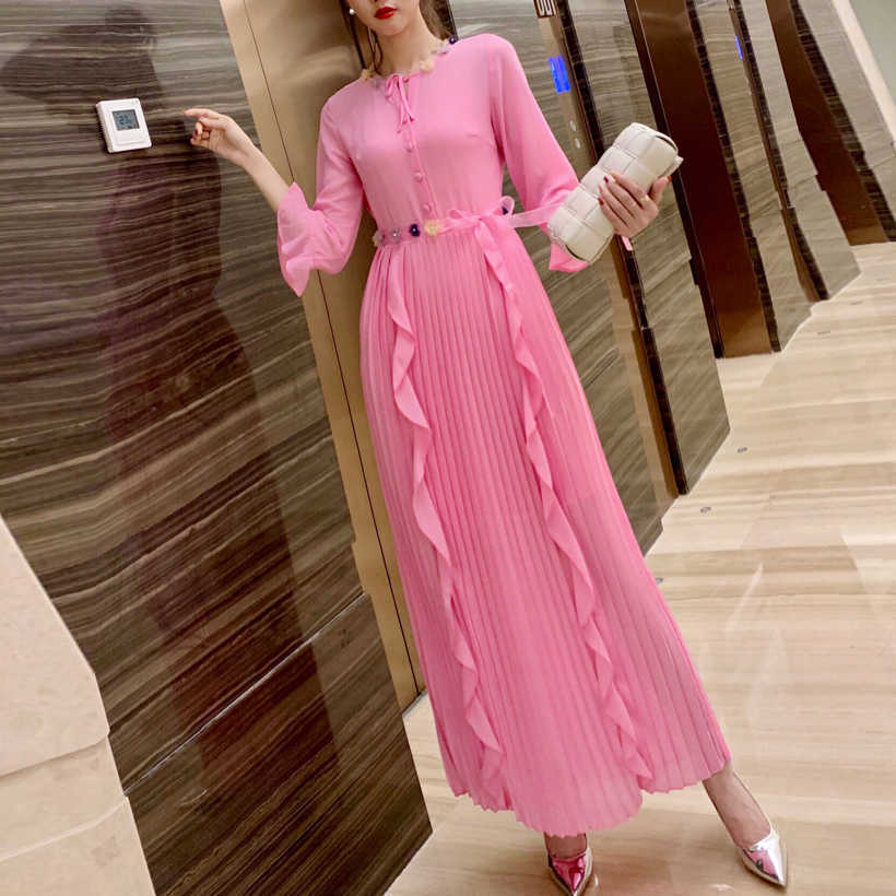 

HIGH QUALITY est Fashion Women's Elegant Flared Sleeve Beading Bow Ruffles Pleated Chiffon Long Two Pieces Dress 210526, Pink
