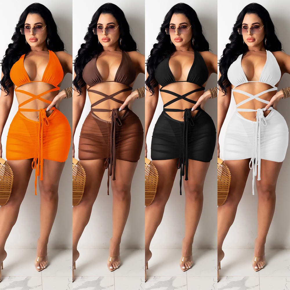 

Neon Color Sexy 3 Piece Bikini Dress Sets Summer Outfits for Women Criss Cross Backless Crop Top+underpant+bodycon Mini Skirt Fashion, Orange