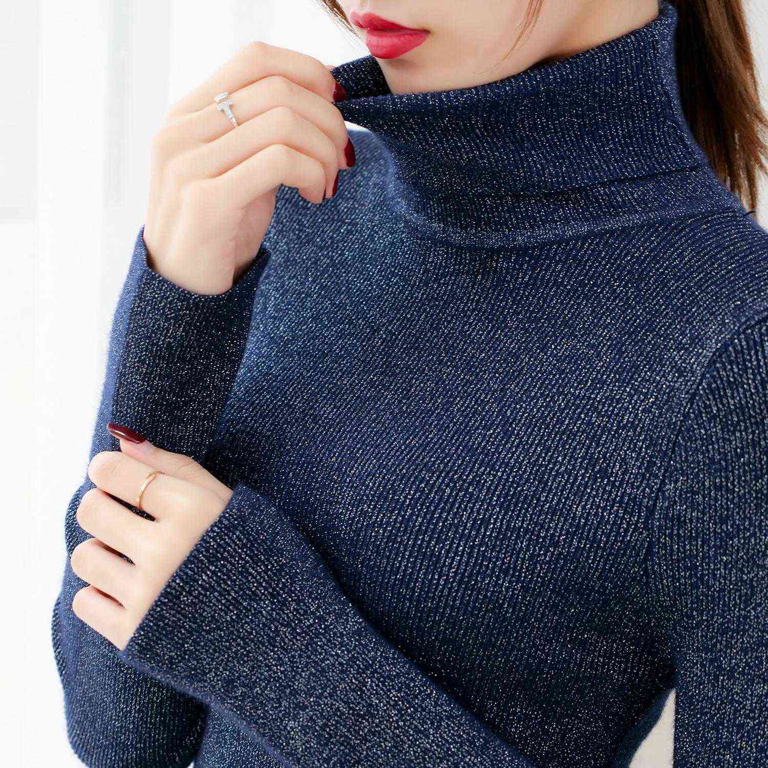

Shiny Lurex Turtleneck Sweater Women Knitted Warm Pullover Sweaters Long Sleeve Autumn Winter Slim Jumper Soft Pull Femme 210604, Blue