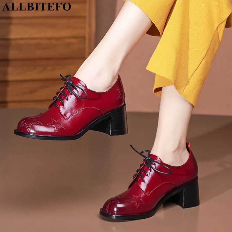 

ALLBITEFO round toe lace-up fashion natural genuine leather women heels shoes women pumps leisure high heels basic shoes 210611, As picture