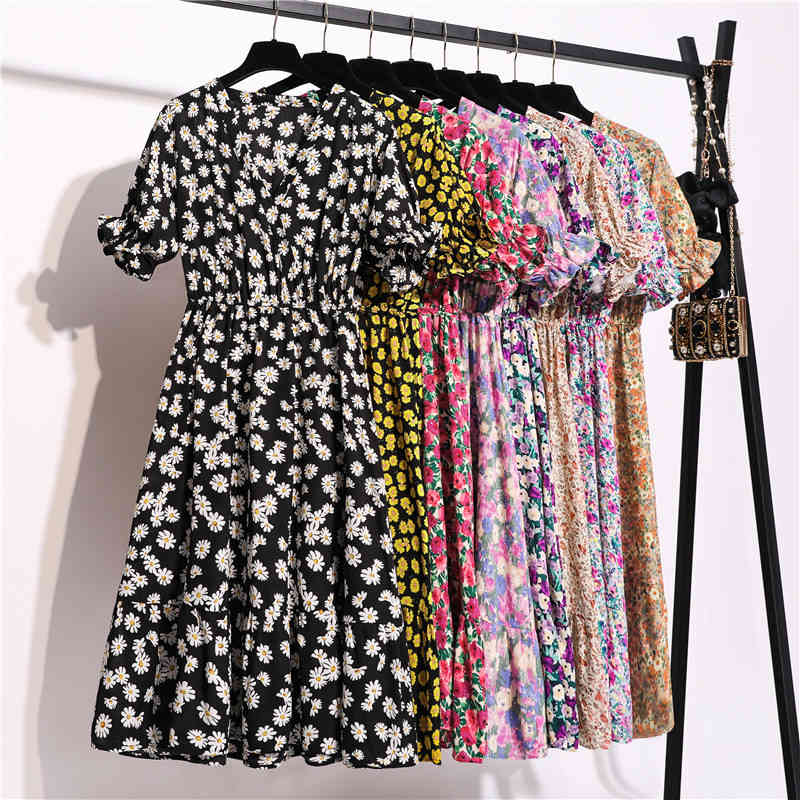 

New Summer Short Sleeve Chiffon Print Dress Women Sweet V Neck Mid Calf Floral Dress Office Lady 210414, Color 15