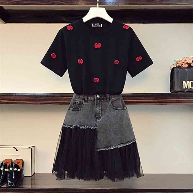 

Casual Bow Appliques Tshirt Denim Skirt Two-Piece Set Women Summer Female Mesh Stitching Mini Suits 210602, Only tshirt