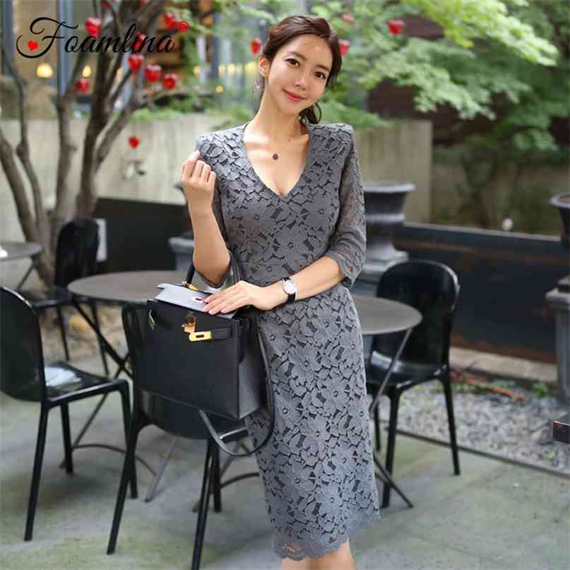 

Sexy Lace Bodycon Dress Women Fashion Autumn V Neck 3/4 Sleeve Casual Ladies Work Party Midi Pencil 210603, Grey