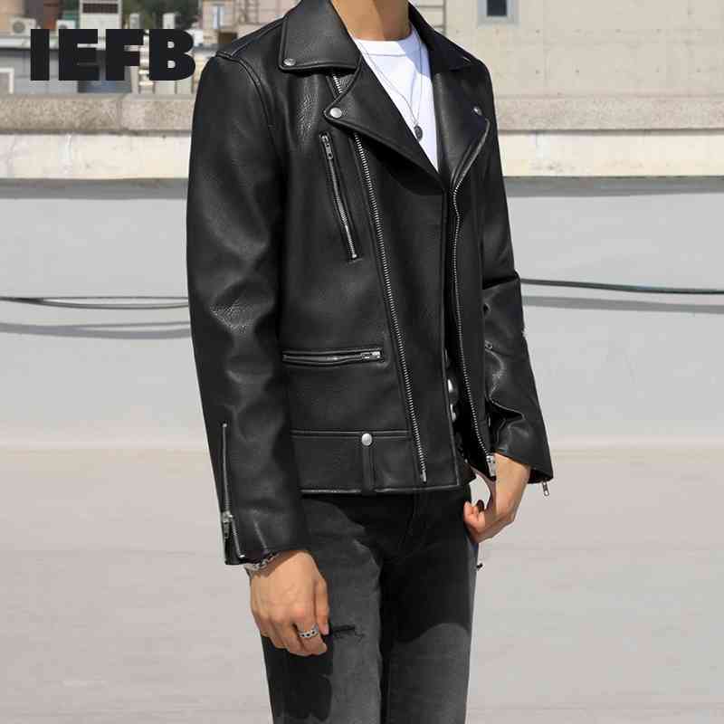 

IEFB men's wear PU leather jacket fashion Korean trend black clothes slim standing collar autumn zipper coat for male 9Y4251 210524