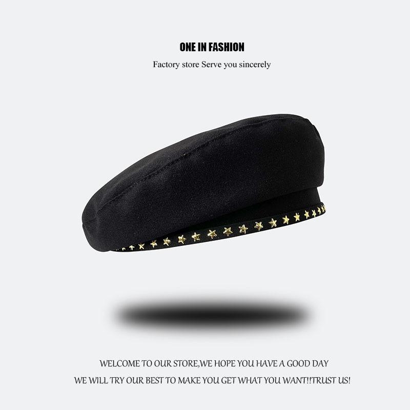 

Berets Polyester Leather Lolita Beret Hat Women Fall Winter French Designer British Painter Octagonal Hats Brimless Baret With Stars, Black