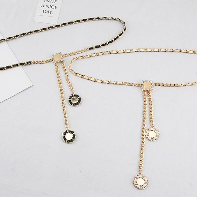 

Adjustable Waist Chain Women Waistbands Dress Thin Skinny Belt Pearl Decorative Elegant Ladies Metal Belts, Black