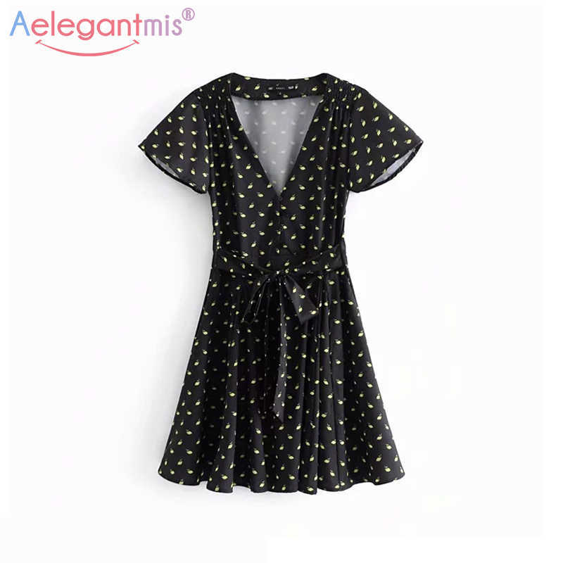 

Aelegantmis Fashion Black Print Women Summer Dress Sexy V Neck Short Sleeve Mini Ladies Elegant Casual Spring es 210607
