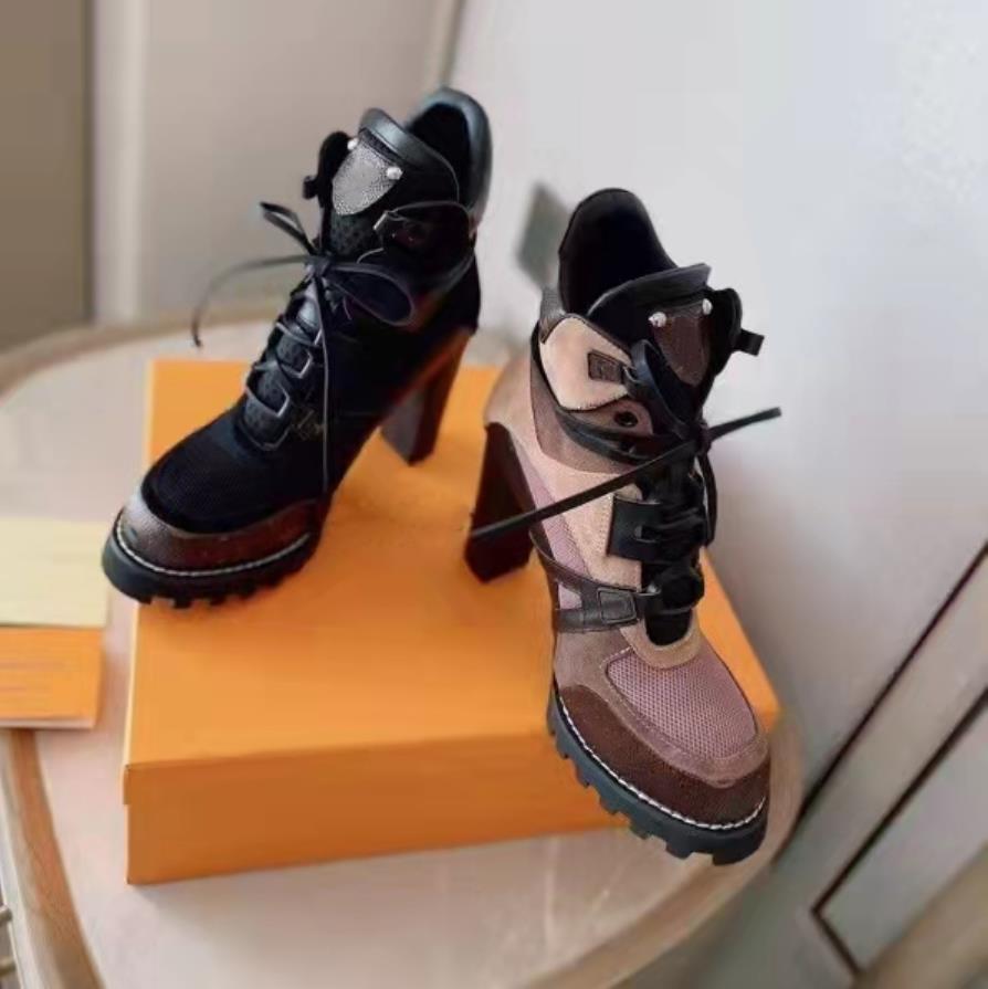 

Women Suede Leather Ankle Boot Star Trail Designer Lady Canvas Lace-up Treaded Rubber Outsole High Heel Booties