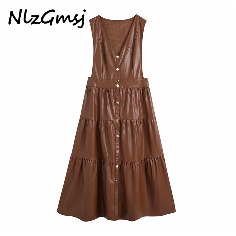 

Women Brown Faux Leather Tank Midi Dress Vintage Sleevelessbutton Female A-line Dresses Mujer 210628, As picture