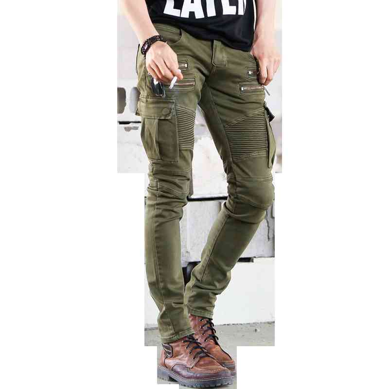 

Men's Jeans Stretch Casual Biker Jeans with Zipper Fashion Fold Designer Skinny Hiphop Punk Multi Pockets Slim Denim Pants Men 210518, Black