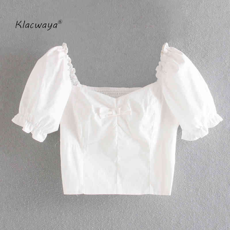 

women fashion sweet bow short t shirt vintage square collar petal sleeve elastic waist tops chic shirts 210521, White