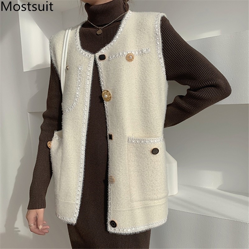 

Faux Mink Fur Women Vest Winter Sleeveless Single Breasted O-neck Pockets Fashion Ladies Vintage Coat Femme 210518, Black