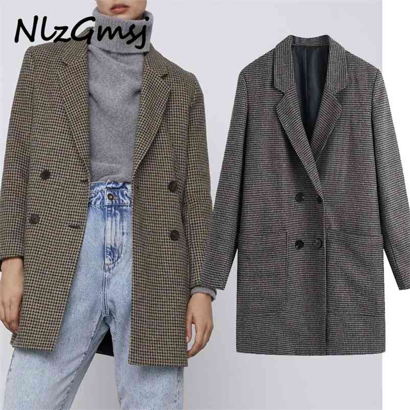 

Blazer Women Fashion Loose Double Breasted Turn-down Collar Lattice Long Sleeve Clothes Coat 210628, As picture