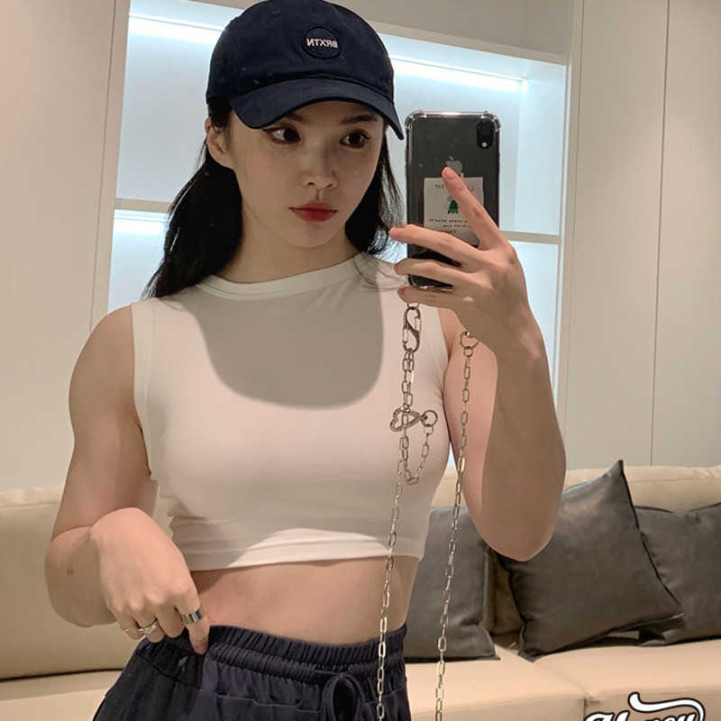 

WOMENGAGA Short Waistcoat Slim Sexy Summer Navel Sleeveless T Shirt Tops Skinny Korean O Neck Tees White sports 0WP2 210603, Dark gray