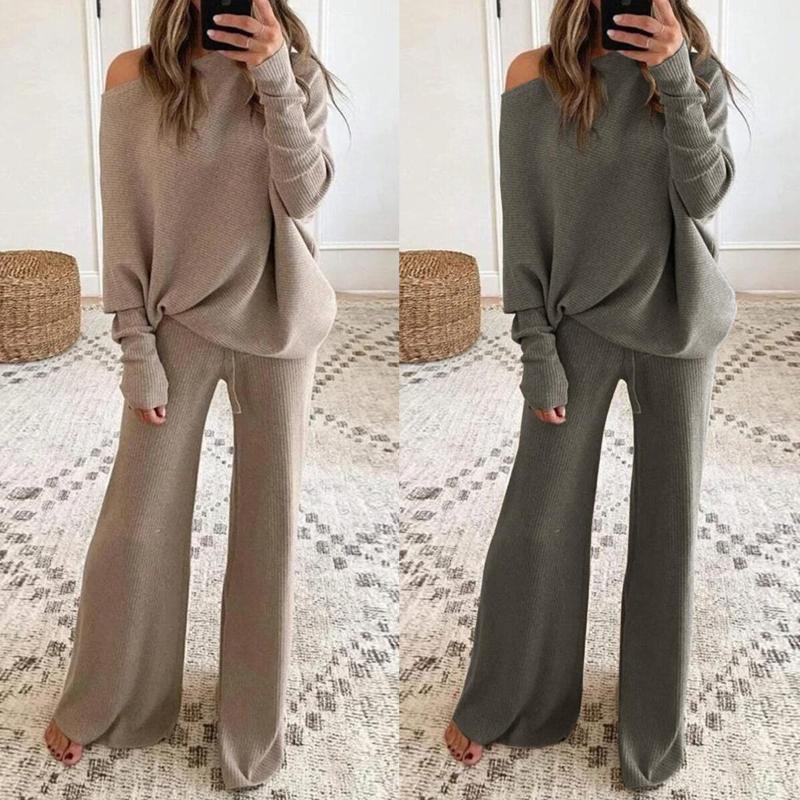 

Women' Two Piece Pants 2021 In Europe And The Trend Of Clothing Pure Color Round Neck Long Sleeve Casual Two-piec, Beige