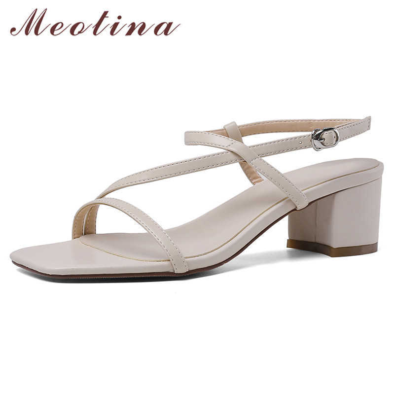 

Meotina Summer Shoes Women Sandals Natural Genuine Leather Square Heel Shoes Cow Leather Buckle Open Toe Sandals Lady Size 34-42 210608, Beige