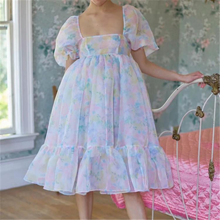 

Casual Dresses Princess 2021 Summer Pompous Fairy Dress With One Line Collar Rainbow Organza Girl' High Waist Bubble Sleeve, See chart