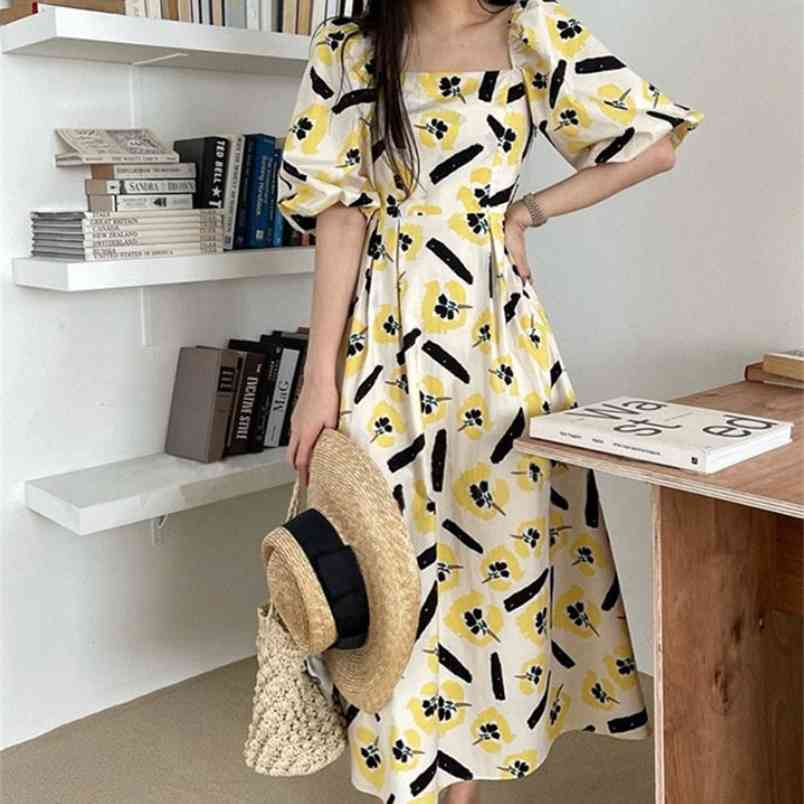 

Korean Temperament Floral Printed Dress Summer Women Vintage Puff Sleeve Elegant Casual Boho Dresses Vestidos 210519, Photo color