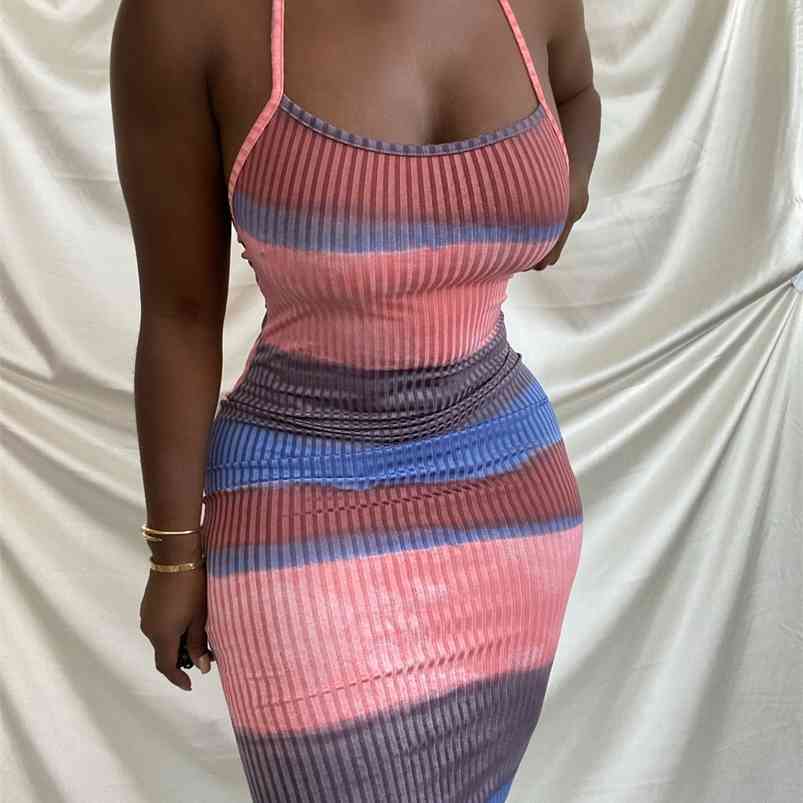

Women Halter Backless Striped Printed Maxi Casual Bodycon Dress 210701, Blue