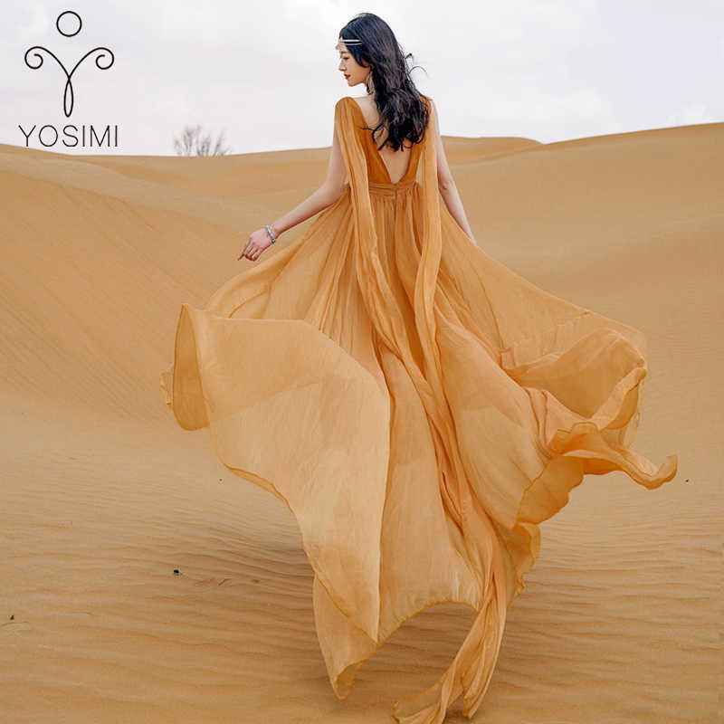 

YOSIMI Floor-Length Chiffon Long Women Dress Elegant Summer V-neck Sleeveless Party Night Empire Backless Sexy 210604, Gold