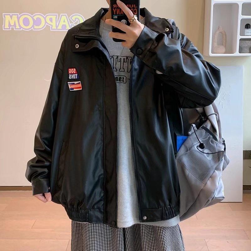 

Men's Jackets PU Leather Jacket Autumn And Winter Style Ins Korean Version Chao Brand Loose Motorcycle Windbreaker American Pilot Coat, Black;brown