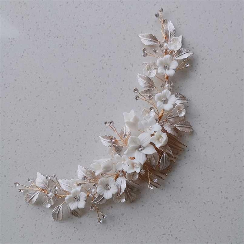 

White Porcelain Flower Wedding Crown Bridal Hair Comb Accessories Handmade Women Headpiece Party Prom Jewelry 211019
