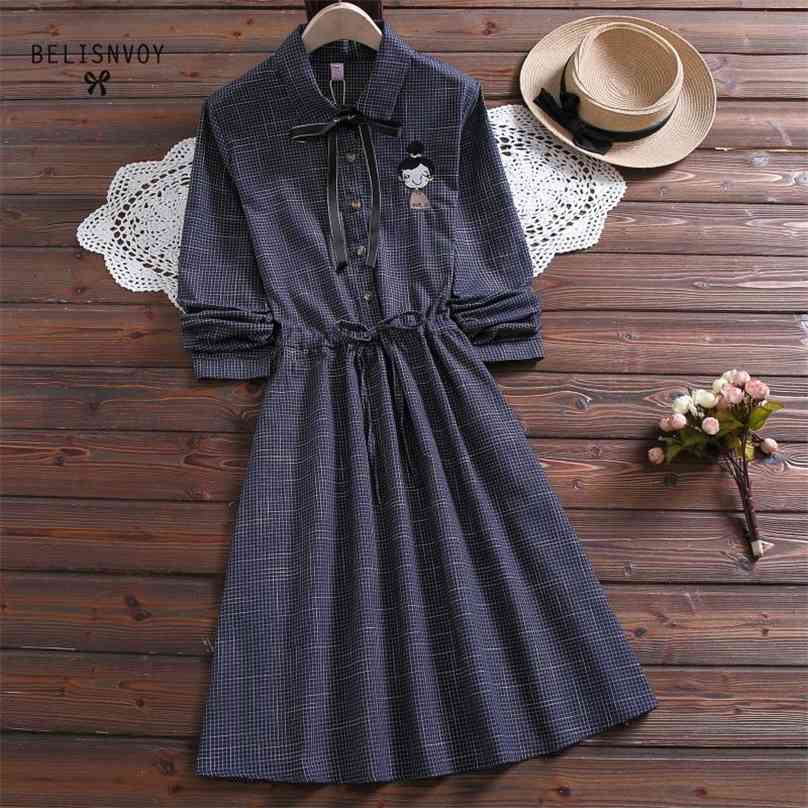

Mori Girl Spring Women Plaid Dress Lovely Embroidery Casual Loose Vintage Vestidos De Festa Long Sleeve Elegant Cute Dresse 210520, Blue