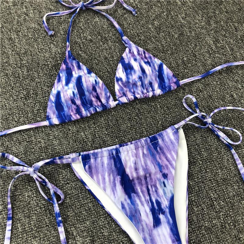 

2020 New Tie Dye Colorful Bikinis Set Women Beachwear Sexy Bandage Swimsuit 2Pcs Halter Lace-up Push Up Bathing Suit for Female